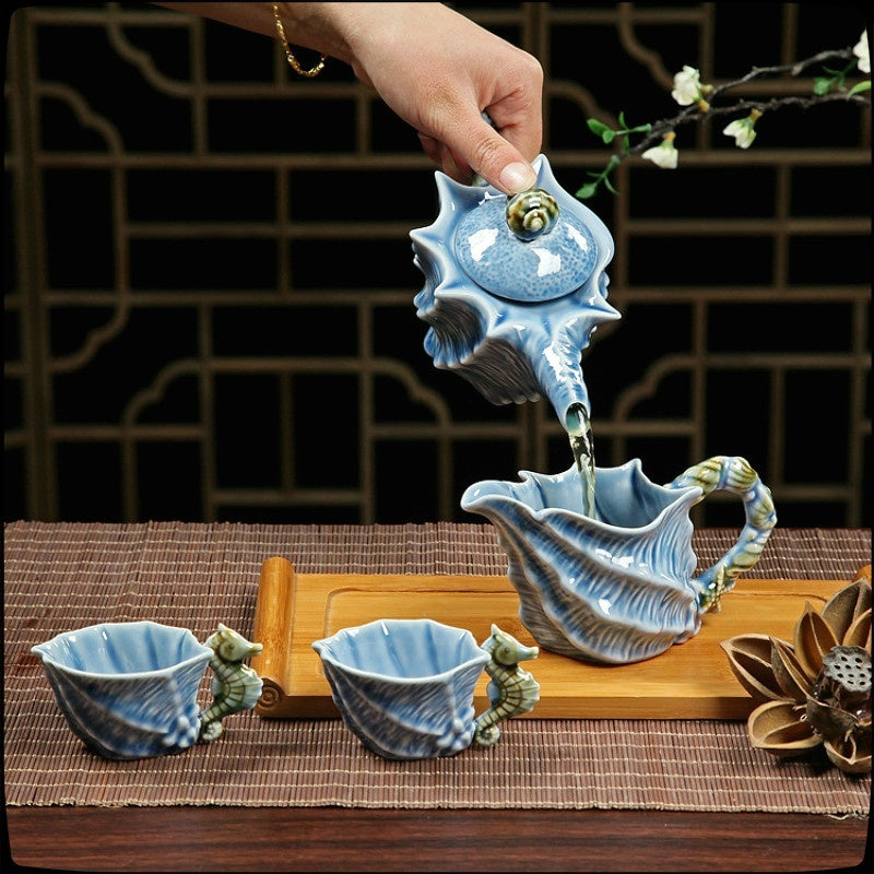 NEWQZ Sky Blue Glaze Conch Shaped Kung Fu Tea Set,1 Pot 6 Cup,Including Tea Pitcher and Tea Strainer