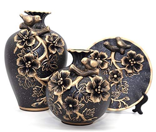 NEWQZ Classical Decorative Ceramic Vase Set of 3 Chinese Vases for Home Decor, with 3D Flower Decoration(Black)