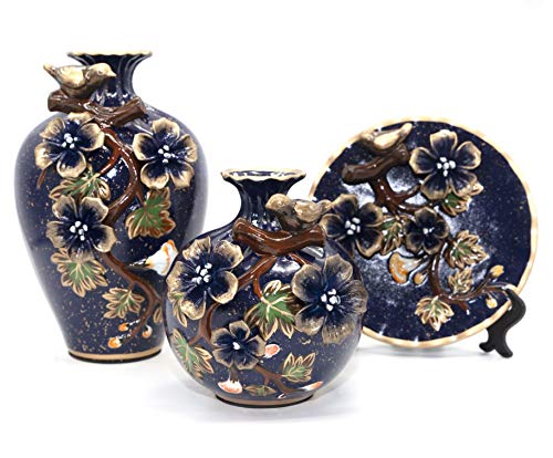NEWQZ Classical Decorative Ceramic Vase Set of 3 Chinese Vases for Home Decor (darkblue)