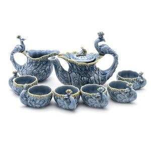 NEWQZ Sky Blue Glaze Peacock Shaped Kung Fu Tea Set, Including Tea Pot 1, Tea Pitcher 1, Tea Cup 6