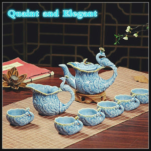 NEWQZ Sky Blue Glaze Peacock Shaped Kung Fu Tea Set, Including Tea Pot 1, Tea Pitcher 1, Tea Cup 6