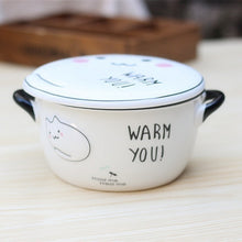 Cute Kitty Large Noodle Bowl,Big Cute Cartoon Ceramic Soup Bowl with Lid and Handle