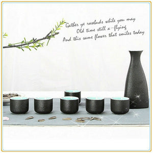 Japanese Sake Set, Traditional Ceramics Black Sake Set 1 Pot and 6 Cups