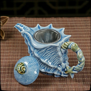 NEWQZ Sky Blue Glaze Conch Shaped Kung Fu Tea Set,1 Pot 6 Cup,Including Tea Pitcher and Tea Strainer