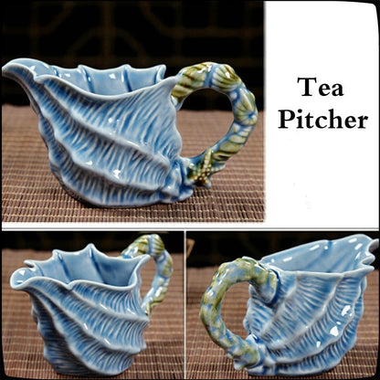 NEWQZ Sky Blue Glaze Conch Shaped Kung Fu Tea Set,1 Pot 6 Cup,Including Tea Pitcher and Tea Strainer