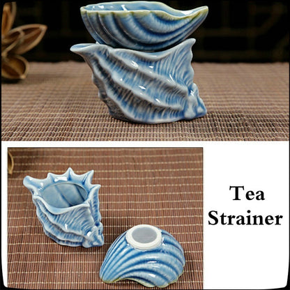 NEWQZ Sky Blue Glaze Conch Shaped Kung Fu Tea Set,1 Pot 6 Cup,Including Tea Pitcher and Tea Strainer