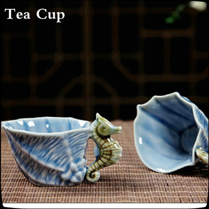 NEWQZ Sky Blue Glaze Conch Shaped Kung Fu Tea Set,1 Pot 6 Cup,Including Tea Pitcher and Tea Strainer