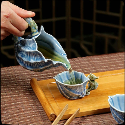 NEWQZ Sky Blue Glaze Conch Shaped Kung Fu Tea Set,1 Pot 6 Cup,Including Tea Pitcher and Tea Strainer