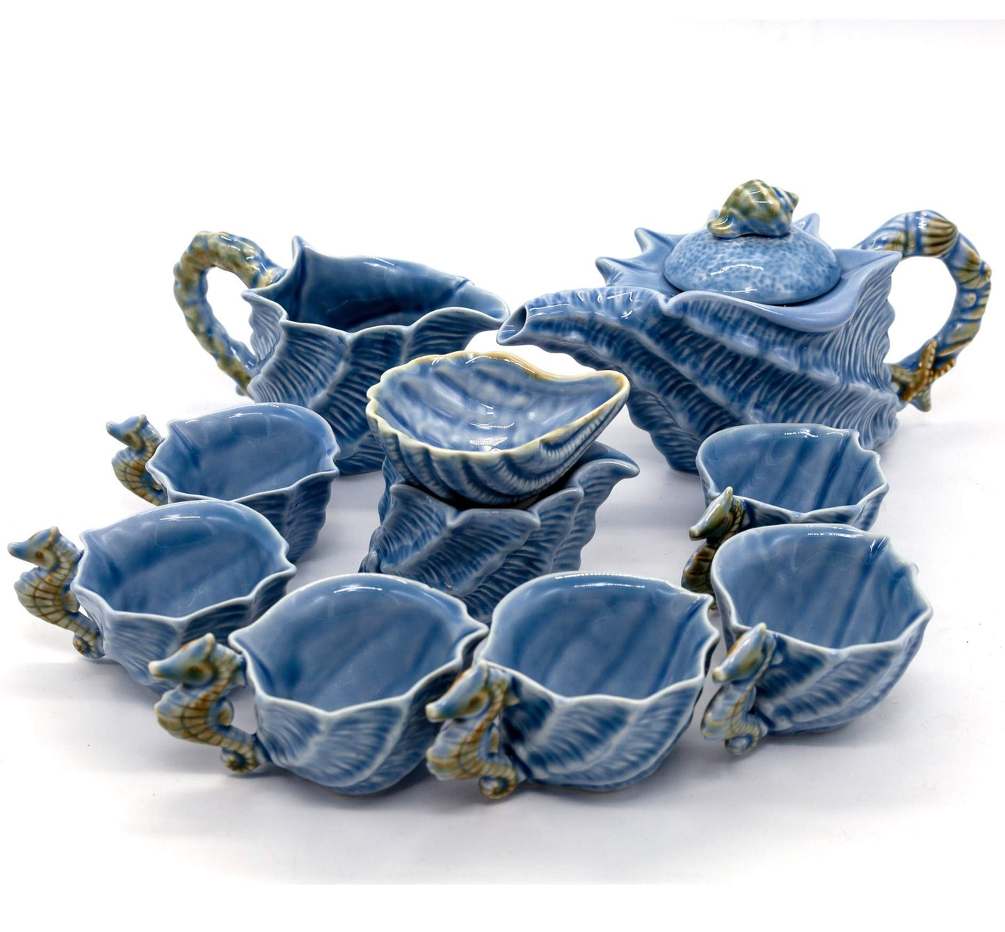 NEWQZ Sky Blue Glaze Conch Shaped Kung Fu Tea Set,1 Pot 6 Cup,Including Tea Pitcher and Tea Strainer